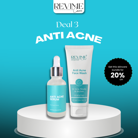 Revime Care Anti-Acne Bundle with natural face wash and serum for acne-prone skin and pimple control.