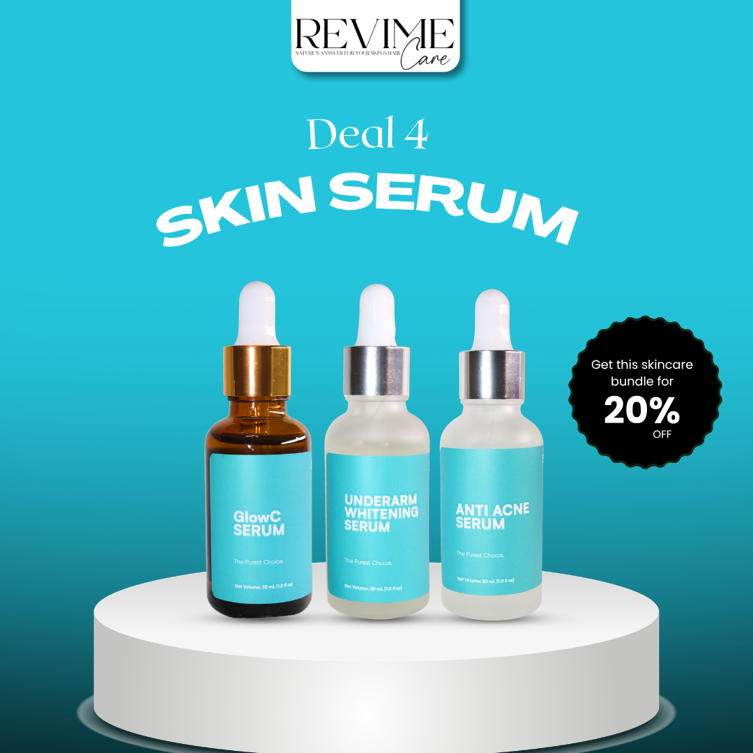 Three Revime Care organic face serums for glowing skin trio pack